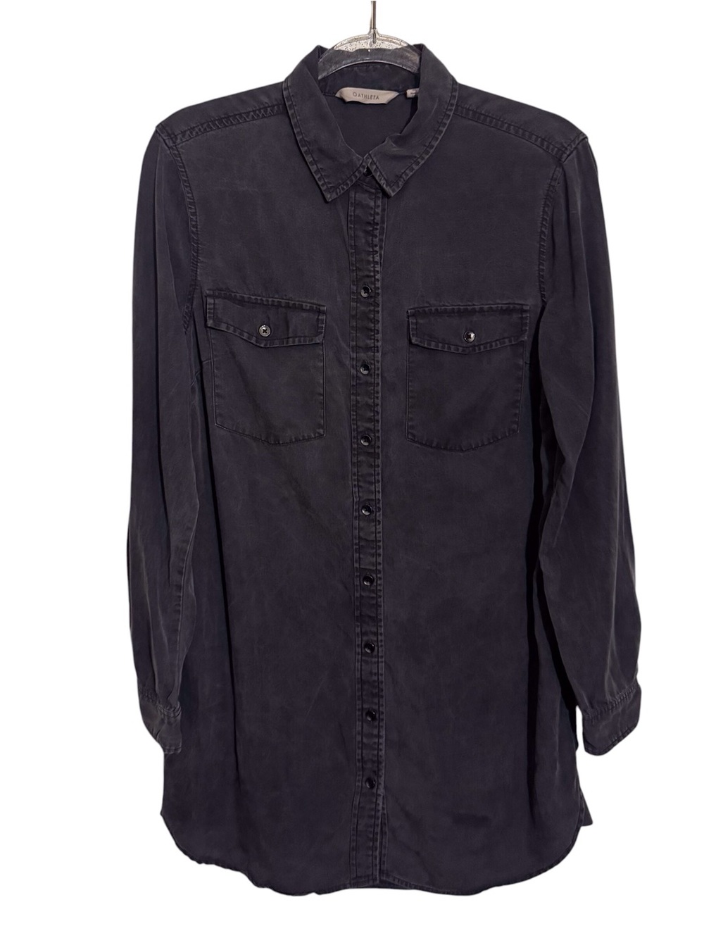Athleta Size Medium Gray Button Up Tunic Top Tencel Long Sleeve Casual Pockets